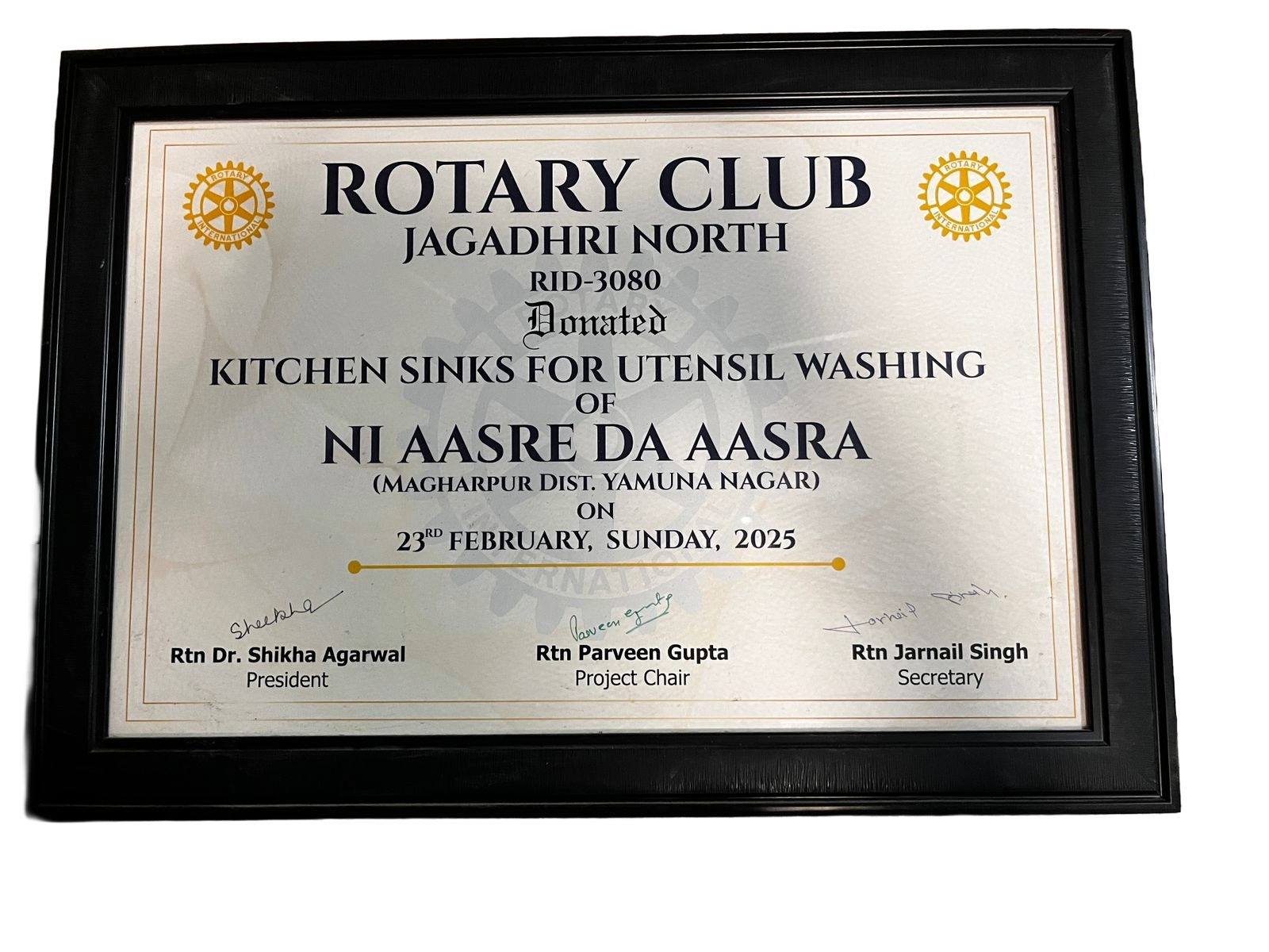 Rotary Club Jagadhri North certificate for donating kitchen sinks